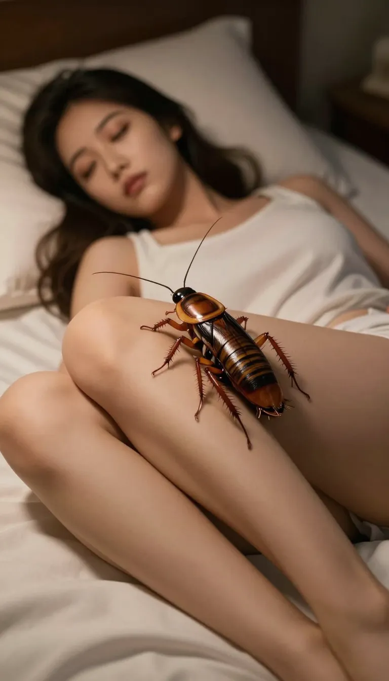 A beautiful woman lying unconscious on the bed at midnight, a giant cockroach climbs up between her thighs, imminent cockroach sex, the cockroach is partially inside her body
