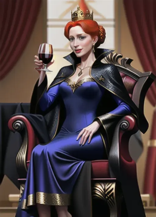 The beautiful adult ginger hair up in a low hanging bun mid-twenties moderate breasts big wide blue eyes wicked smile evil beautiful Queen Anna of Arendelle sits regally upon her throne in a dark dress with black long sleeved jacket top and gold trimmed long cape attached at the shoulders. dark vivid gothic make-up. Drinking a goblet of red wine. Sharing a toast with the Marques De Sade at her side. photorealistic. far shot. high resolution.