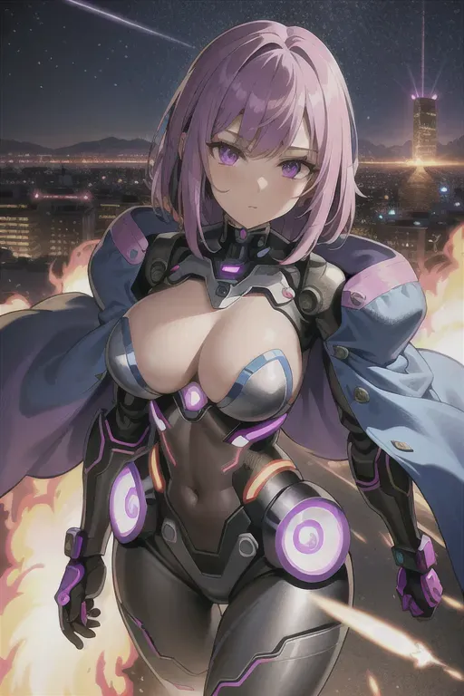 A cyborg women, loli, purple hair, highly detailed body, metallic texture, picture taken diagonally from above, shooting against an army of robots, destroyed city in the background, marching robot army in the background, fire, gunfire,