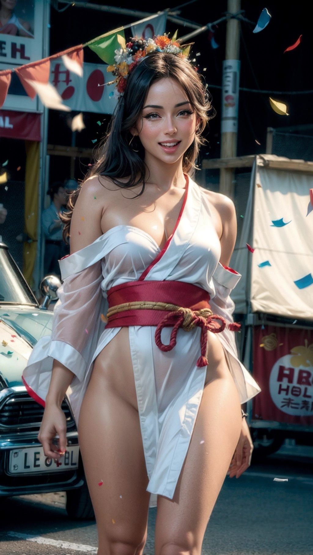 1 hot Italian woman (20) ((wearing a sexy mini silk yukata)) throws ((confetti:1.4)) on the crowd from her carnival float in Rome, ((laugh:1.4)), (((exposed shoulders))), highly detailed, (freckles:0.3), ((suntanned skin)), <lora:dpmg_add_detail:0.5>, perfect hands, (closed-up:1.2), ((exposed panties:0.8)), bokeh,
cinematic lighting, cinematic composition, UHD, HDR, vivid colours, (highest quality:1.8), highest resolution, (photorealist:1.72), (photorealism:1.72), (masterpiece:1.18), --s 250 --v 6