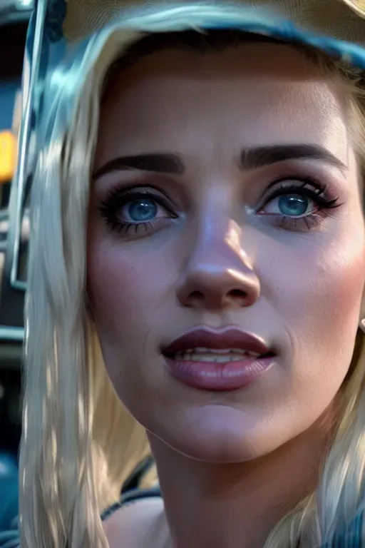 a photo shot of,scarlett johansson,wearing cowboy clothes,kneeing,at the convenient store,big breasts,five fingers per hand,fishtail hair,gorgeous face,beautiful lips,blue eyes,curved eyebrows,curved eyelid,pale skin,joyful,tattoo,cinematic lighting,cgsociety,unreal engine,ultra realistic,studio lighting