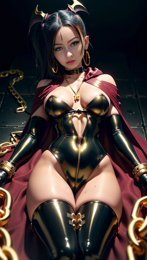 best quality, (((ultra high res))), (detailed face and eyes), (succubus), hearts, perfect face, necklace, choker, golden earrings, jewelry, tail, gloves, snake, gold, (single ponytail), Victoria Justice, black hair, long ponytail, hourglass body, snake coiling, pov from below, ((golden latex)), golden snake, ((handcuffs)), handcuffed, ((((chained)))), (tied up), chains, chain, (((golden symbiote suit))), ((((symbiote girl)))), (((succubus symbiote))), ((burgundy cape)), ((succubus wings))