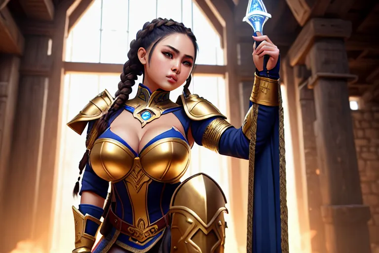 a photo shot of,a philippine girl,wearing medieval armor,squatting,indoor,big breasts,five fingers per hand,braids hair,beautiful face,beautiful lips,blue eyes,curved eyebrows,curved eyelid,peaceful,wearing golden ring,pixiv,artstation,sharp focus,unreal engine,ultra realistic