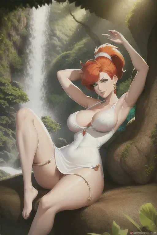 Illustration, Wilma, Wilma Flintstone, redhead, 27yearold, cavewoman, slim, medium breasts, hard nipples, red bush, pussy, legs spread open, barefoot, ((white one-shoulder minidress)), prehistoric tropical forest (rock waterfall), daytime, natural light, happy, 8k, professional,