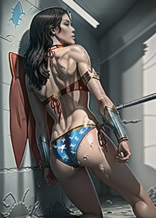 Wonder Woman inside a prison cell (((pulling down her bikini bottom)), sexy, submissive, defeated, cum on her thighs and ass, tears, spectators