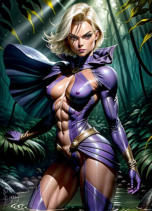 female superhero, perfectly cut hair reaching to neck, very short straight white hair, (young Jaime Pressly:1.2), (accurate face:1.4), small nose, high cheekbones, (beautiful peering eyes:1.2), full lips, small breasts, minor cleavage, erect nipples, purple and blue superhero costume, sleveless costume with exposed arms and short sexy skirt, long cape, costume straining against breasts, short sexy gloves, toned body, abs, narrow waist, knee high boots, flexible and sexy pose, pussy camel toe, sensual and mysterious smile, (NSFW:1.2),
advancing through warm exotic jungle, murky shallow water, detailed dense and hot humid jungle with luminous vegetation, big trees, sweaty hair, body shining of sweat, scouting,
superhero is attacked by several yellow tentacles, slimy tentacles are attacking from all around, tentacle wraps arms and legs, arms pinned by tentacles,
an ultra realistic photograph, <lora:dpmg_add_detail:1.2>, artificial light, highest quality, highest resolution, (photorealism:1.0), (masterpiece:1.2),
high definition, 8k quality, cinematic composition, cinematic lighting, great shading, awesome detail.
