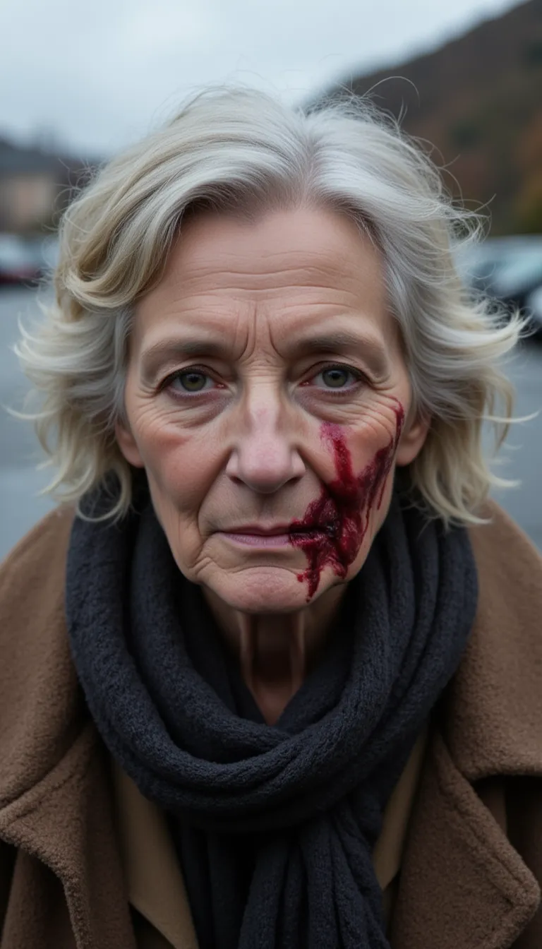 60 year old woman attacked by blackbirds birds in a parking lot, bloody face