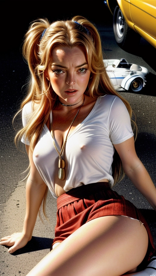 Highly detailed photograph of, (Lindsay Lohan from the 2005 movie Herbie Fully Loaded), ((use 2004 version of Lindsay Lohan for reference)), looking sexy and seductive, ( lying down on the floor of a garage at night), (wearing early 2000s style clothing), vert tight cotton shirt, micro skirt, photo designed to look exactly like photo taken by camera, most detail possible, ((accurate Highly detailed face)), less makeup, sharp focus, (no underwear), (no bra), (hard nipples), (legs spread showing pussy), (mouth full of cum), ((cloths roped and torn About to be ravished)), ((no makeup)), (crying tears), (look of fear on her face), (messy morning hair), (((looking directly up at viewer))), Mouth open, view from above, <lora:red_tint_cheeks:1> , <lora:dpmg_add_detail:1>
