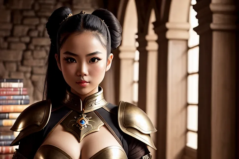 a photo shot of,a vietnamese girl,wearing medieval armor,arched back pose,at the bookstore,big breasts,five slender fingers,ponytail,charming face,beautiful lips,detailed large eyes,curved eyebrows,smooth skin,erotic,wearing necklace,sharp focus,professional,artstation,editorial,studio lighting