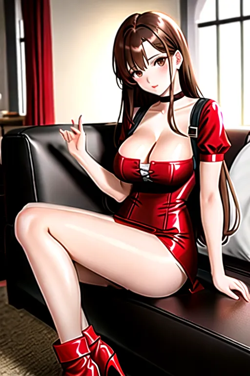 brown hair, brown eyes, pale skin, giant breasts, red minidress, miniskirt, white corset, choker, long hair, high heels, in living room, slim body, holding breast, looking at viewer, 1 girl, cleavage, 4k, boots