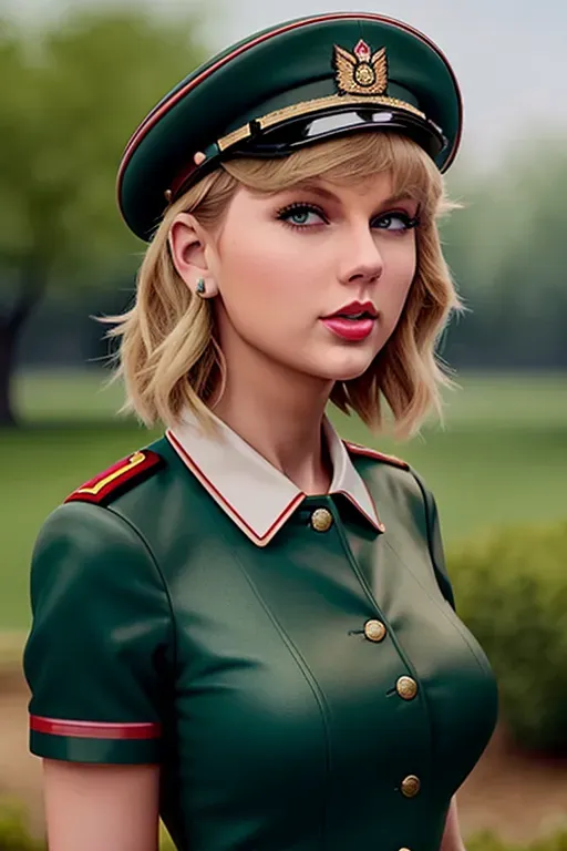 a digital art of,taylor swift,wearing soviet uniform,all-fours,in the garden,natural breasts,five fingers per hand,short hair,beautiful face,beautiful lips,green eyes,curved eyebrows,curved eyelid,textured skin,satisfaction,tattoo,artstation,professional,unreal engine,bokeh,sharp focus