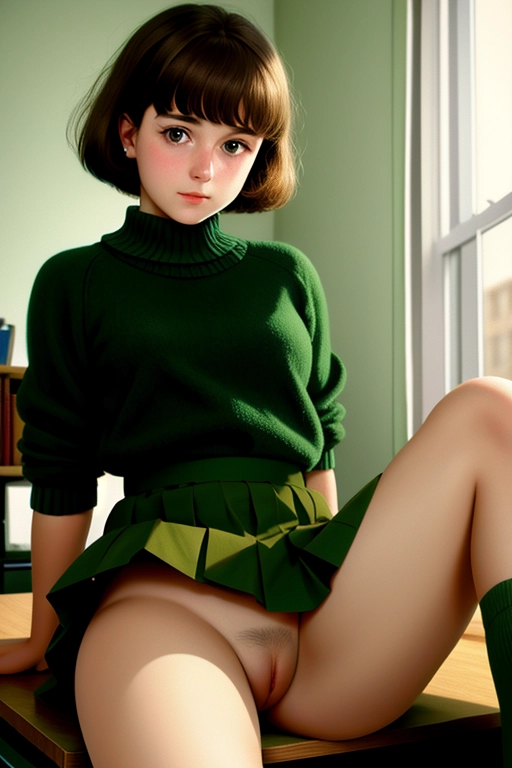 Natural light, Dark, dawn, dimly lit, flat background,
20 years old, 1960s college sophomore, pear shape body, the hips are wider than the bust, brown hair cut in a bob, short neck, round face, messy hair, normal sized eyes,
green sweater, green plaited skirt that is too short, (((skirt too short))), skirt around waist,
Sitting on a desk, looking Sleepy, looking uncertain, blushing, (((legs spread))), pussy visible, pussy mound, (subtle vaginal nudity)