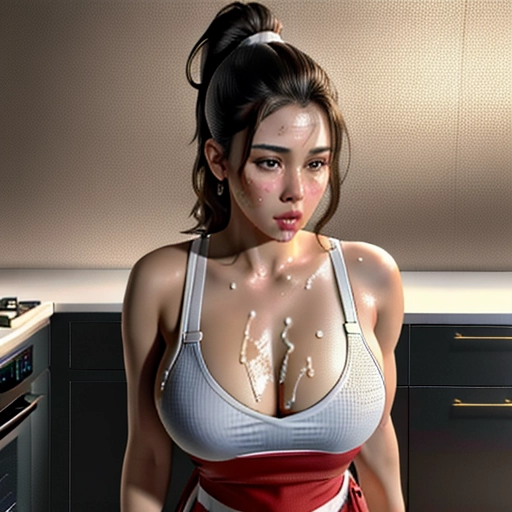 A 8k resolution photo shot of, brunette with high ponytail,dpmg_face_cum_v1, <lora:bukkake:1>,kneeling, facial cumshot, surprised look, mouth open, shocked look on her face((wearing a kitchen apron outfit with her breasts sticking out of the top)),((revealing two boobs out)),((perfectly nipples placement)),((detailed hair features)),((detailed facial features)),((detailed body features)),((detailed arms features)),(textured skin),((beautiful lips)),((highly detailed)),((8k resolution photo shot)),((detailed kitchen background)),